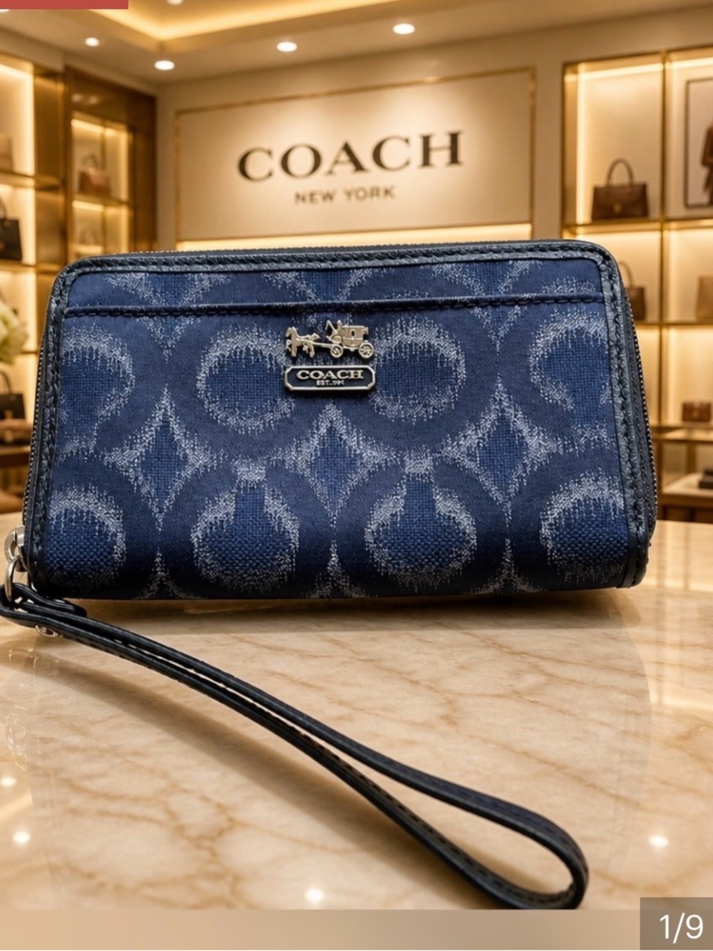 COACH Navy Signature Canvas Wristlet with Horse & Carriage Plaque